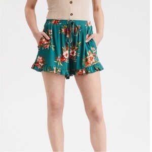 American Eagle Green Floral Ruffle Shorts